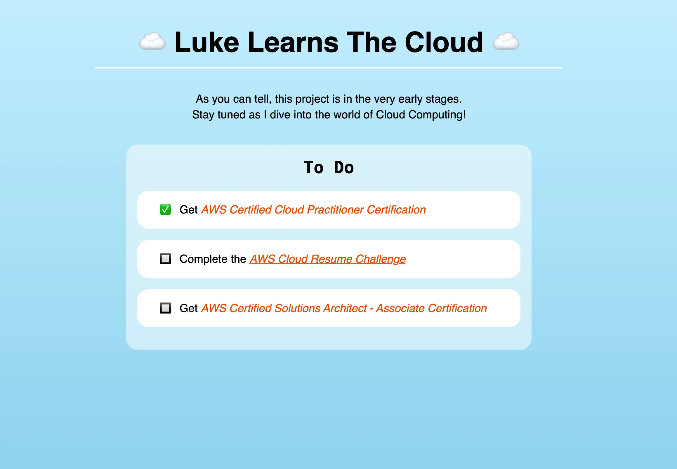 Luke Learns The Cloud home page.