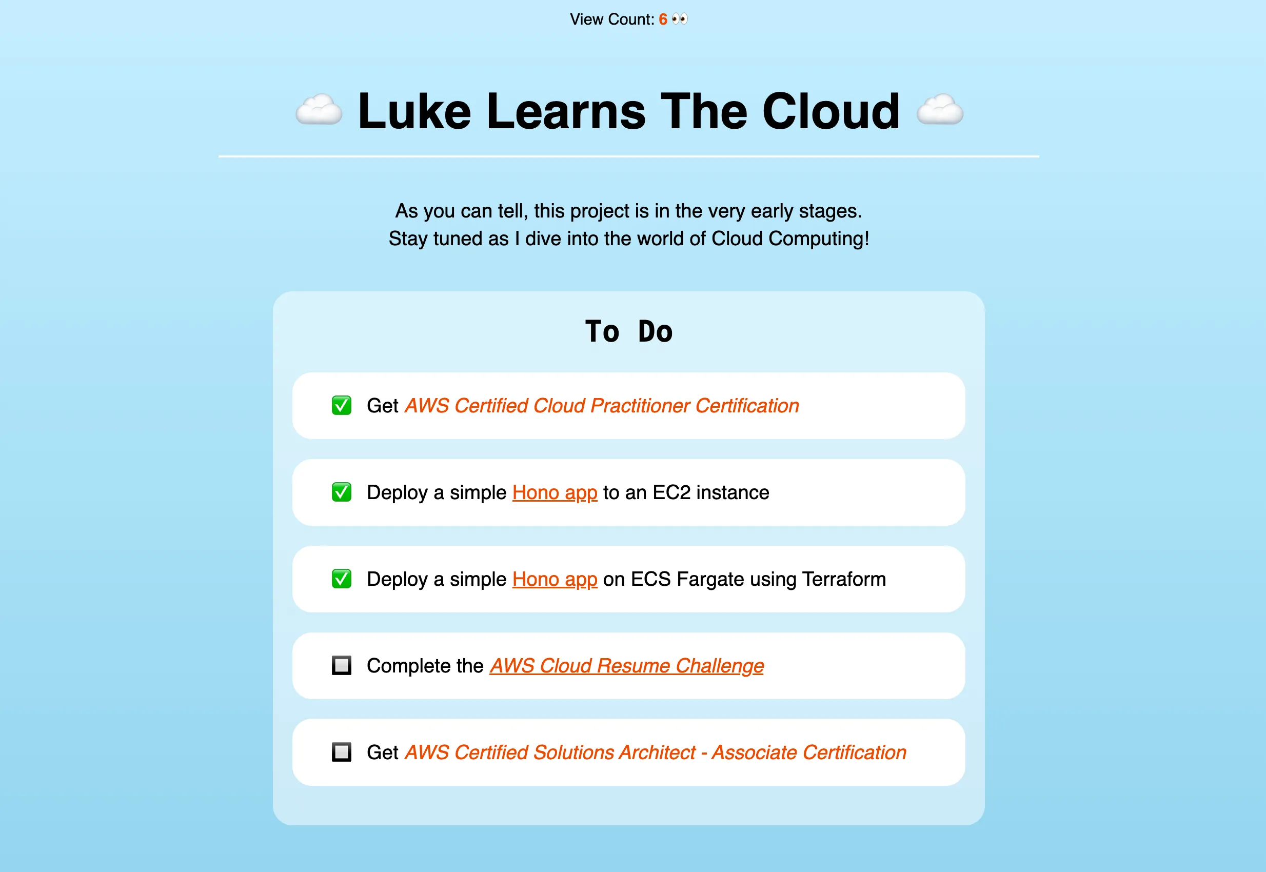 Luke Learns The Cloud home page.